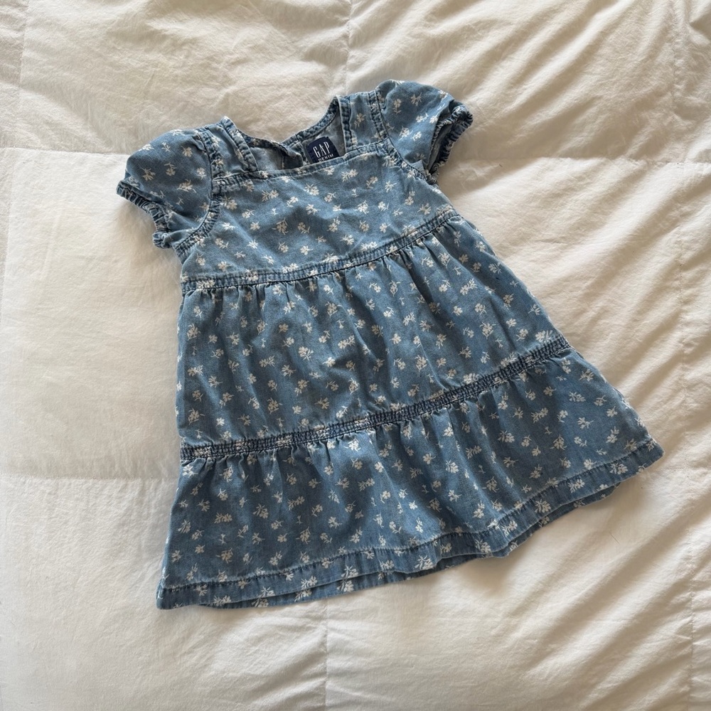 GAP Light Blue Floral Denim Tiered Dress